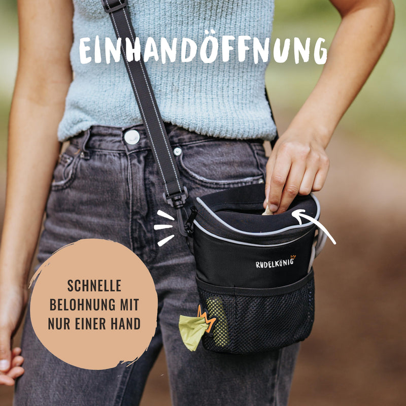 Rudelkönig treat bag for dogs - practical dog walking bag for dog training - treat bag for dogs with poop bag dispenser for hanging around your neck Basic Black - BeesActive Australia