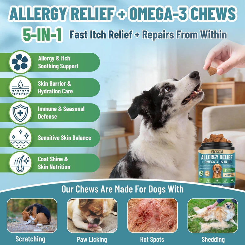 Advanced Dog Allergy Relief Bundle – Probiotic Allergy Chews (200) + Omega 3 Anti-Itch Chews (200), Dog Allergy Relief for Itchy Skin, Ears, Paws, Gut & Immune Support, Chicken Flavor