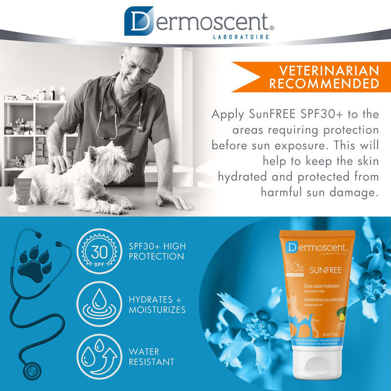 Dermoscent SunFREE SPF30+ Cat & Dog Sunscreen - Safe & Natural Mineral Sunscreen Moisturizing Sun Protection - 30 Ml / 1 Fl. Oz.