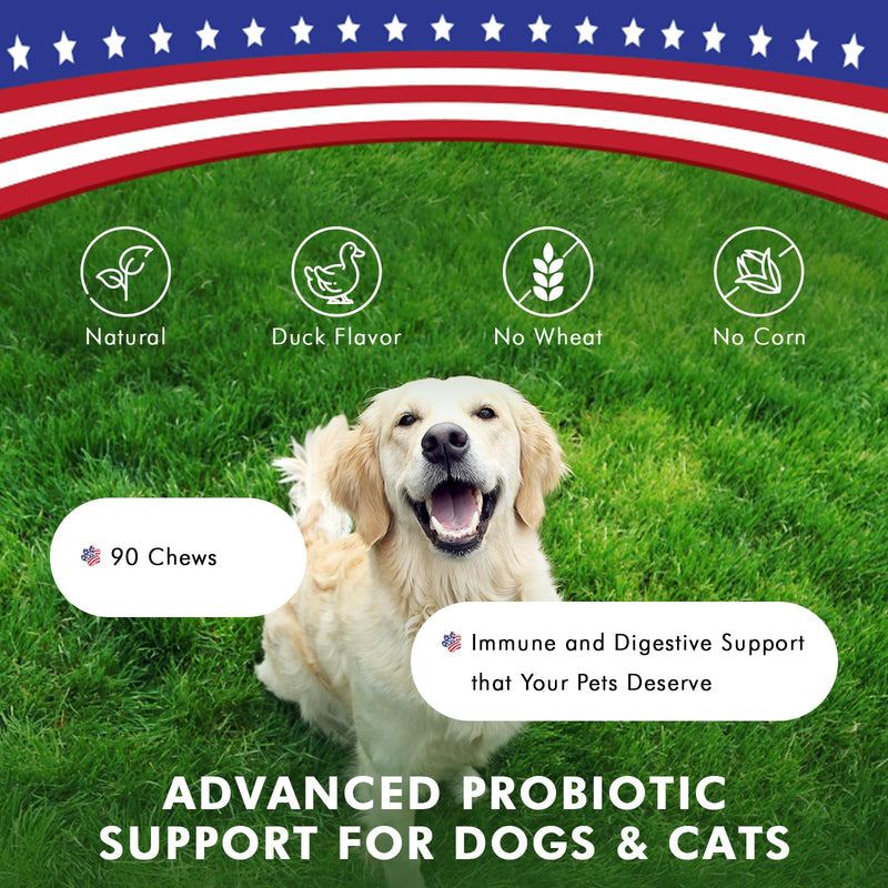 Advanced Probiotic Support for Dogs & Cats. Combination of Prebiotics & Probiotics Easily Digestible, Great Duck Flavour That Your Pets Will Love. Perfect for Your Pampered Pet (90 Chews) - PawsPlanet Australia