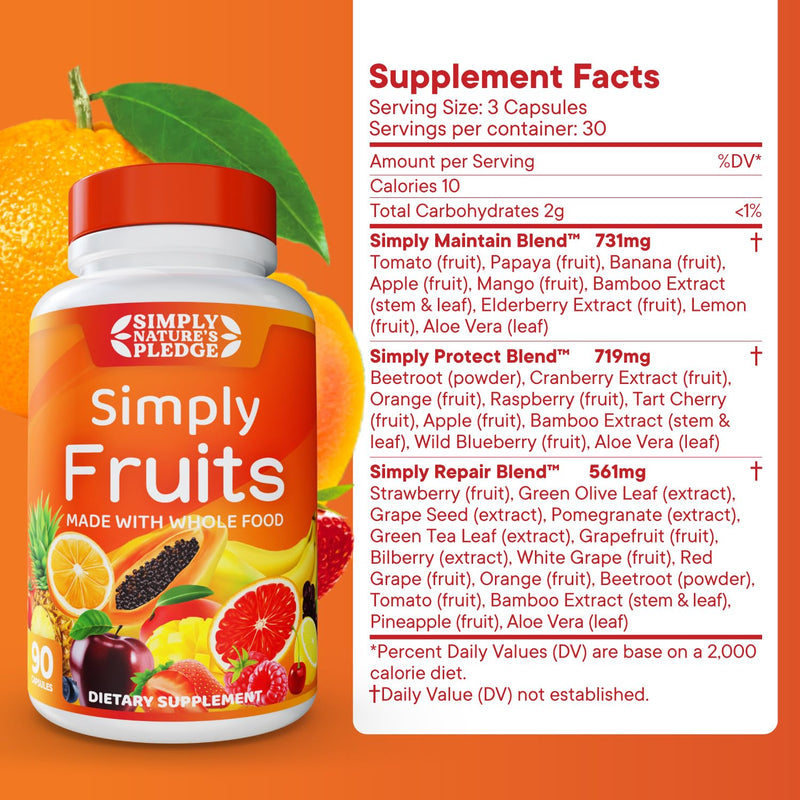 Simply Nature's Pledge - 90 Fruit Capsules - Made with Whole Food Superfoods, Packed with 25 Different Fruits - 100% Soy Free 90 Count (Pack of 1)