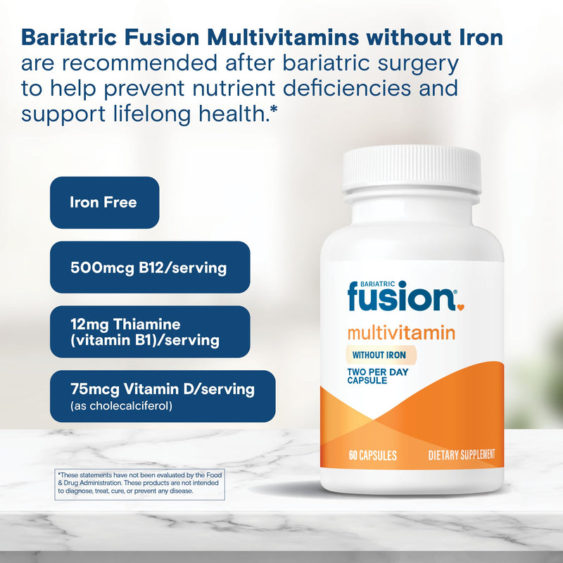 Bariatric Fusion Bariatric Multivitamin Without Iron | Post Bariatric Surgery Patients | Iron Free Bariatric Vitamin for Gastric Bypass and Sleeve Gastrectomy | 60 Capsules | 1 Month Supply 2 Per Day - 1 Month Supply