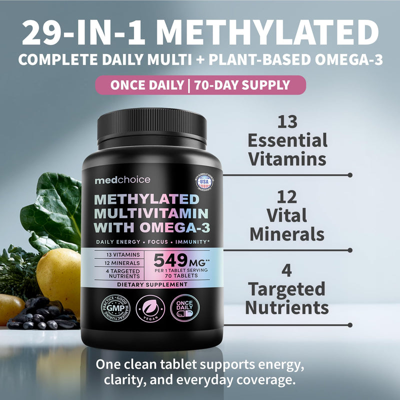 Complete 29-in-1 Methylated Multivitamin for Men & Women with Omega-3, Once Daily, 13 Vitamins, 12 Minerals, 4 Targeted Nutrients, Active B12, 5-MTHF Folate, P5P B6, Vegan, 70 Servings (3-Pack) 70 Count (Pack of 3)