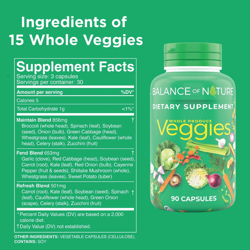 Balance of Nature Whole Veggies Superfood Supplement, 90 Servings | Made with Real Superfood Vegetables to Deliver Daily Nutritional Support in a Convenient Capsule Form Daily