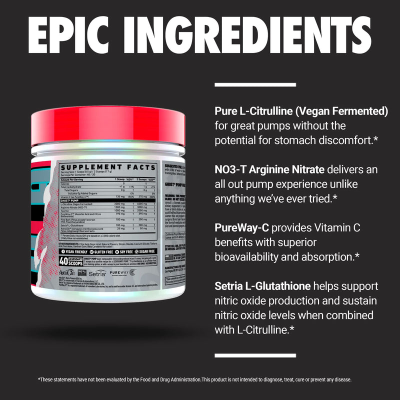 GHOST Pump, Stim-Free Nitric Oxide Powder, Peach, 40 Servings | Non-Stim, Caffeine-Free Pre-Workout Supplements - L-Citrulline, Arginine Nitrate & L-Glutathione - Sugar & Gluten-Free, Vegan