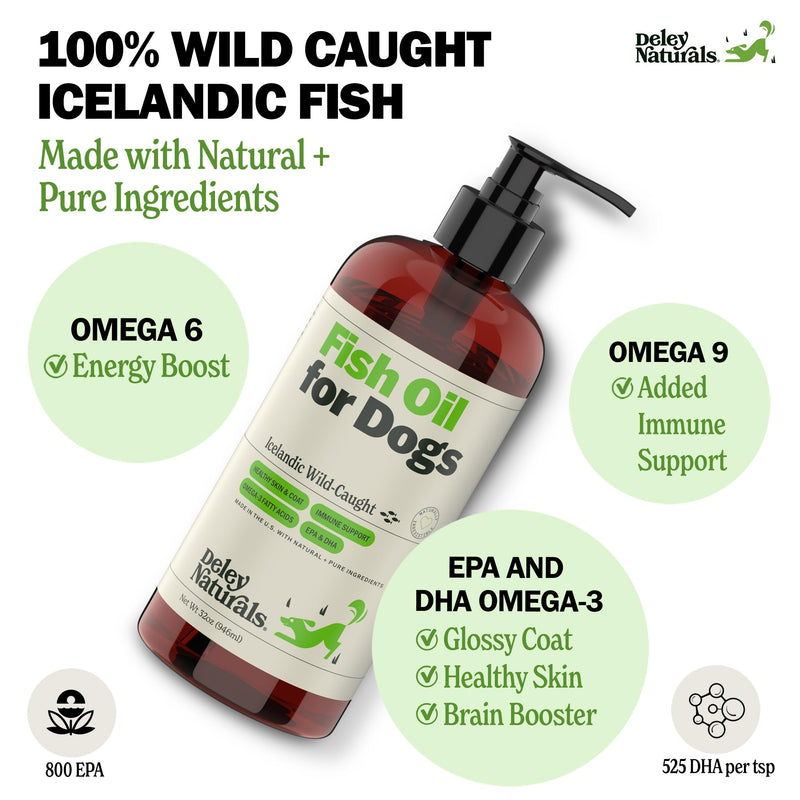 Deley Naturals Dog Fish Oil Icelandic - Dog Itching Skin Relief with Omega 3 6 9 for Skin, Coat, and Heart - Omega 3 Fish Oil for Dogs Skin Irritation Treatment - Skin and Coat Supplements for Dogs 32 oz - Icelandic Fish Oil - PawsPlanet Australia