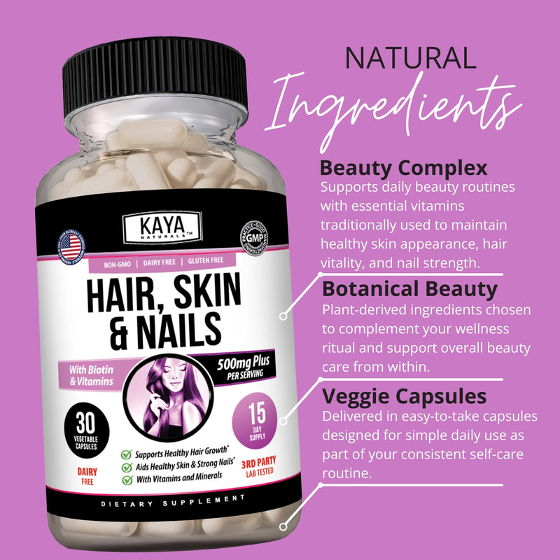 Kaya Naturals Hair Skin Nail Capsules, 30 Count | Biotin, Vitamin D, Vitamin B-12, Vitamin A, Folic Acid 30 Count (Pack of 1)