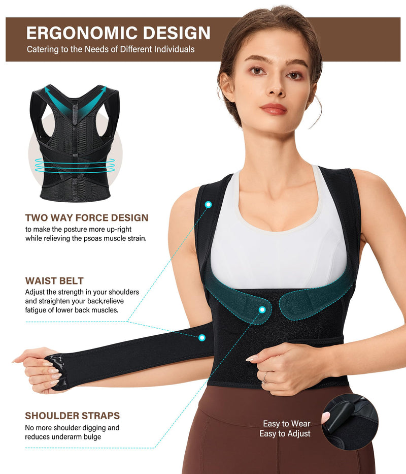 URSEXYLY Back Brace Posture Corrector for Women Breathable Posture Brace Adjustable Full Back Support Brace,Upper and Lower Back Pain Relief(Medium,Black) Medium Black
