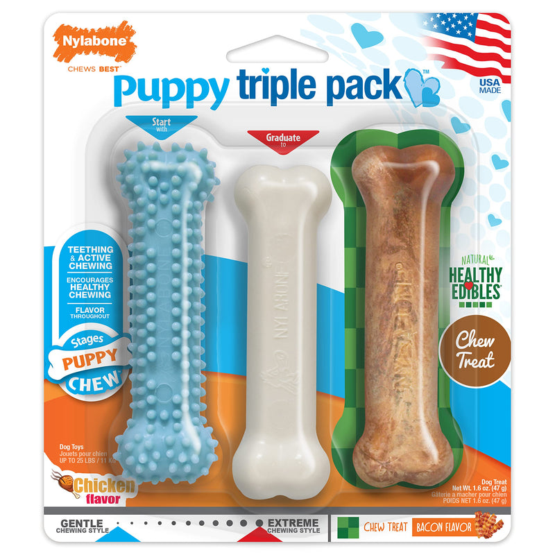 Nylabone Puppy Triple Pack - Blue Puppy Teething Toy, Nylon Dog Toy, & Chew Treat Variety Pack - Puppy Supplies - Chicken and Bacon Flavors, Small/Regular (3 Count) Small/Regular (3 Count) - BeesActive Australia