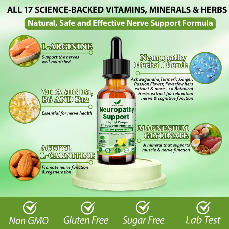 Vita PLynxera Neuropathy Supplements Liquid Drops, Advance 17-in-1 Stabilized R-Alpha Lipoic Acid (R-ALA) w. Acetyl L-Carnitine Vitamin B-Complex Magnesium, High Potency R-Lipoic Acid for Nerve