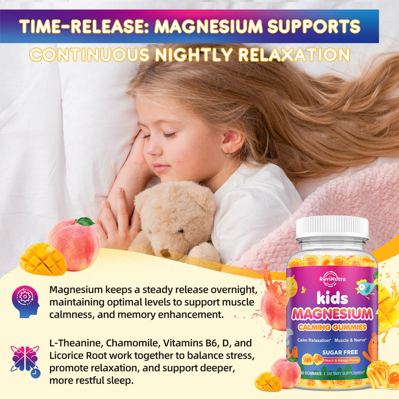 Center-Filled Kids Magnesium Gummies - Magnesium Glycinate Gummies for Kids Adults with L-Theanine, Chamomile, Licorice, Vitamin D, B6 for Sleep, Relaxation, Brain & Muscle - Sugar Free Peach & Mango 60 Count (Pack of 1)