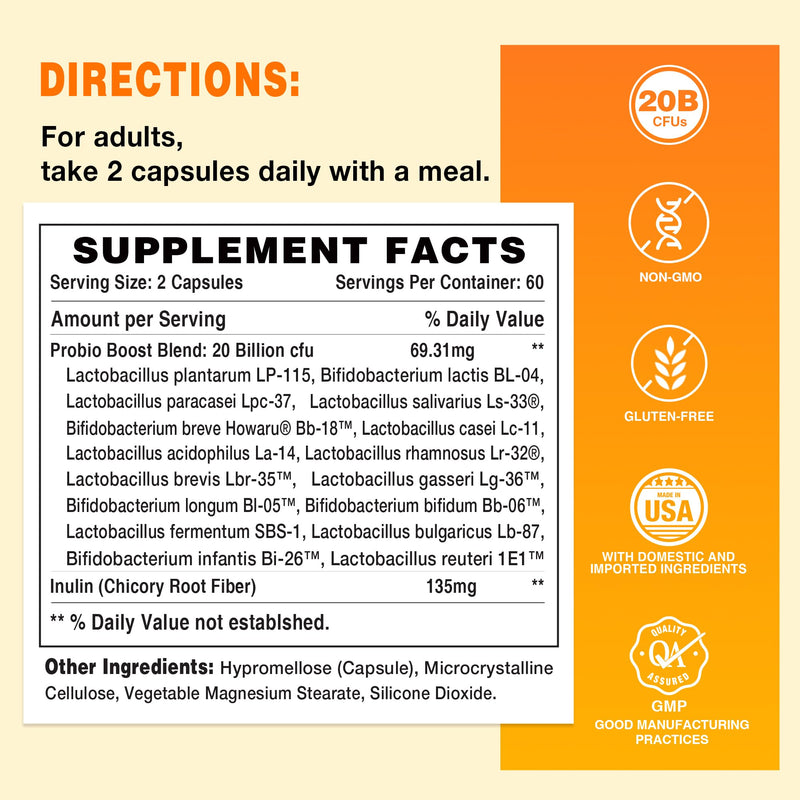 Vitamin World Probiotic 16, 20 Billion CFU, 16 Strains with Prebiotic Fiber | Digestive & Immune Health, Probiotics for Women & Men, Non-GMO, Gluten Free, 120 Veggie Capsules, 60 Day Supply