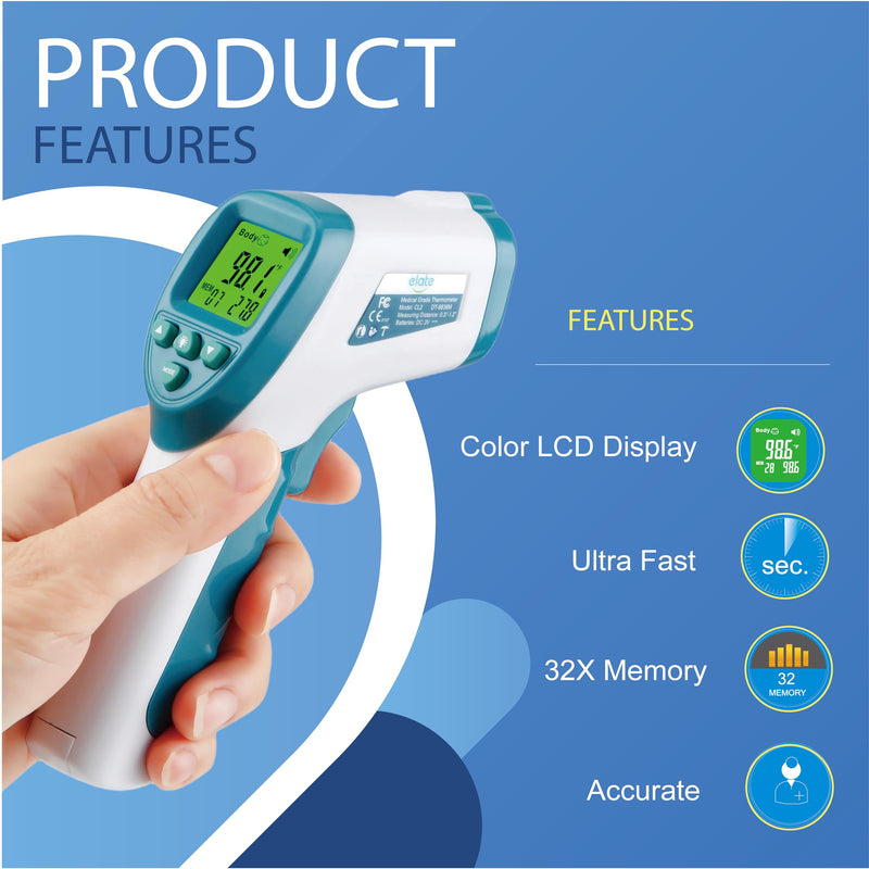 Elate Forehead Thermometer | Digital Infrared No-Touch Thermometer for Adults, Kids, and Infants | with Fever Alarm | Home Medical Grade for Nurse Accessories | Newborn Essentials Blue