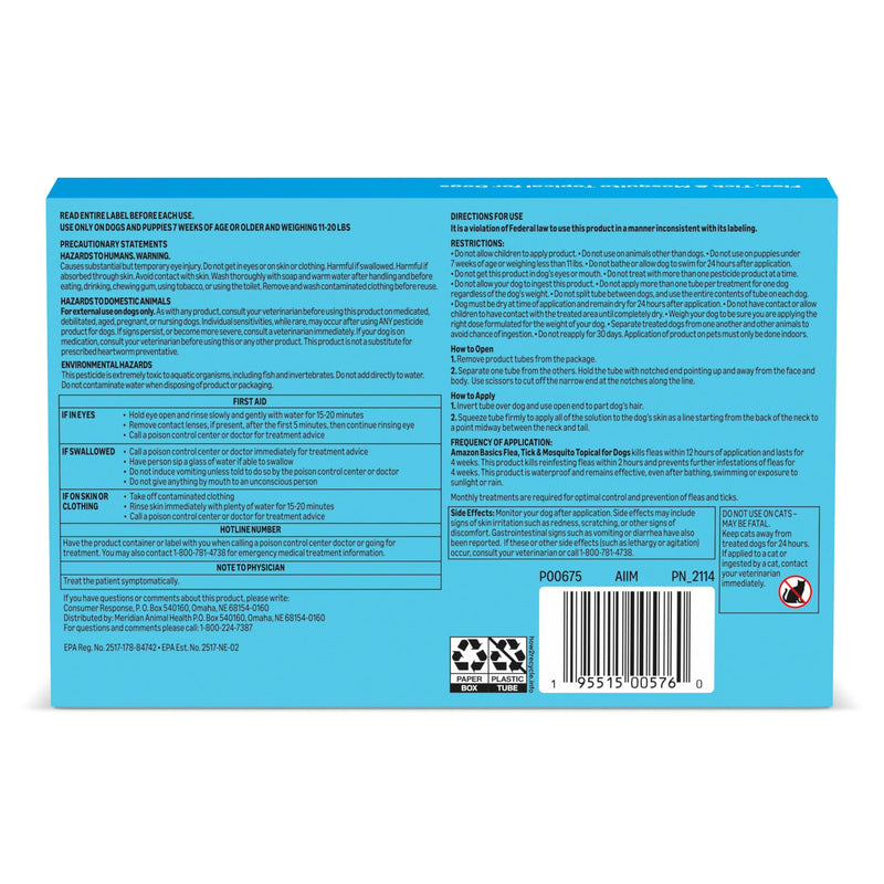 Amazon Basics Flea, Tick & Mosquito Topical Treatment & Prevention for Medium Dogs (11-20 pounds), Fast-Acting, Kills Fleas, Eggs & Larvae, 30 Day Protection, 6 Count, Packaging May Vary