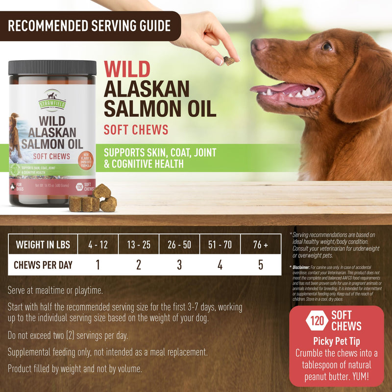 Strawfield Pets Salmon Dog Chews Omega 3 Fish Oil Chews with Wild Alaskan Salmon Oil Skin & Coat + Seasonal Allergy Support Hip & Joint Dog Supplement + EPA & DHA Made in USA