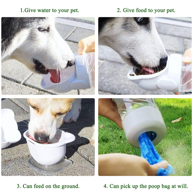 3 in 1 Pet Water Bottle, Outdoor Portable Dog Water Bottle with Food Container Garbage Bags Dispenser, for Cat Puppy Pets Stuff Essentials Accessories, for Walking Hiking Travel (White) White - BeesActive Australia