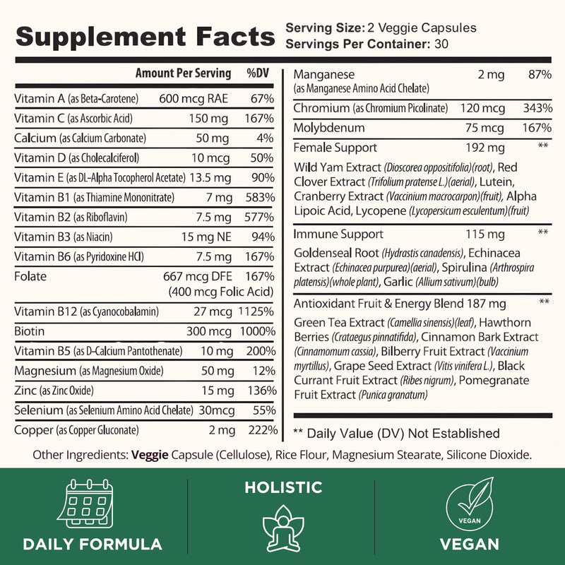 TODICAMP Women's Wellness Formula with 37 Active Ingredients for Melanin-Rich Daily Multivitamin for Women Hormone Balance, Energy Vitamins for Women, Biotin Supplement for Hair Skin & Nails