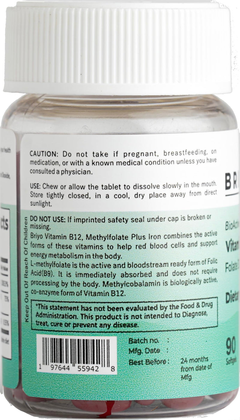 Briyo Vitamin B12 500 mcg (methylcobalamin) with Folate (methylfolate) 90 mini softgels