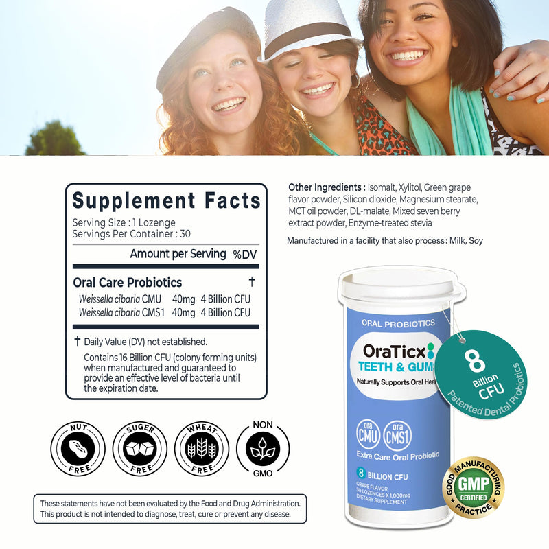 Teeth & Gums Dental Probiotic, Naturally Supports Oral Health and Immunity, Oral Probiotics Supplement 8 Billion CFU, Grape Flavor 30 Lozenges 1-PK - BeesActive Australia