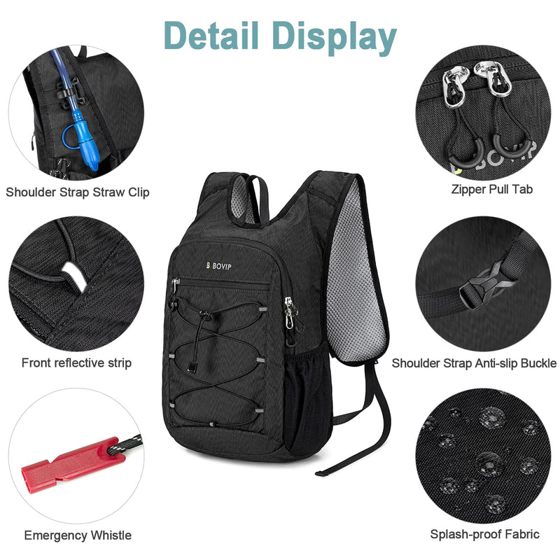 BOVIP Lightweight Hydration Back,15L Multipurpose Hiking Backpack with 1.5L Water Bladder ,Hydro Water Daypack for Cycling Hiking Rave for Men Women Black