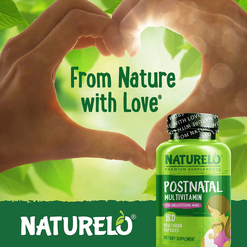 NATURELO Postnatal Multivitamin, Postnatal Vitamins, 180 Capsules | For breastfeeding women, plant-based vitamin D, folate, gentle iron, post natal lactation support, breastfeeding supplement 180 Count (Pack of 1)