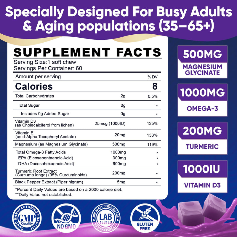 Magnesium Glycinate Gummies 500mg - Magnesium Soft Chews for Adults | Magnesium with Omega-3, Turmeric, Vitamin D3 & E | for Sleep, Muscle & Brain | Pack of 1, 60 Counts ﻿