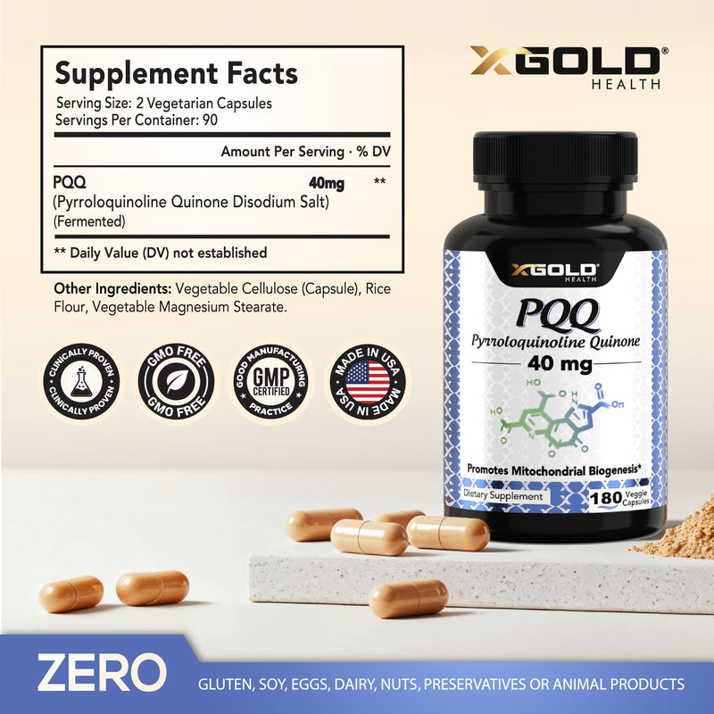 X Gold Health PQQ 40mg Supplement – Mitochondrial Energy Booster & Cellular Energy Support – Pyrroloquinoline Quinone – Brain & Focus Support – Non-GMO, Gluten-Free – 180 Veg Capsules 180 Count (Pack of 1)