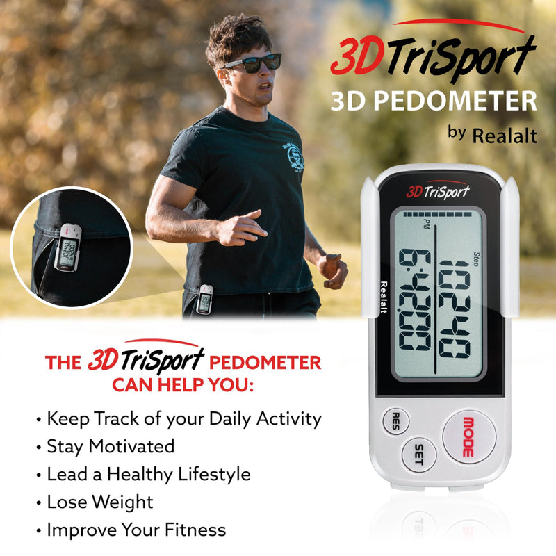Realalt 3DTriSport 3D Walking Pedometer with Clip & Strap, Accurate Step Counter with 30-Day Memory, Distance in Miles/KM with Large Display Perfect for Seniors & Beginners, eBook Included One Size White