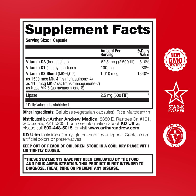Arthur Andrew Medical, KD Ultra, Full Spectrum K2 & D3, 30 Capsules | Full Spectrum Vitamin K2 (MK4, MK6, MK7), Vitamin D3, & Lipase. Heart, Bone, And Circulation Support. 1 Count (Pack of 30)