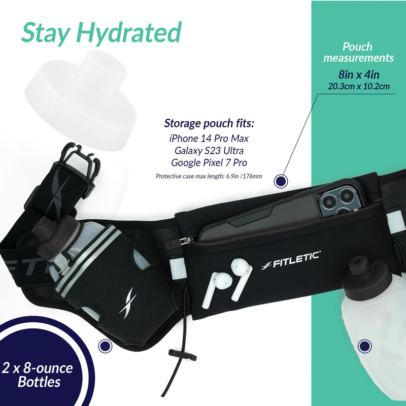 Fitletic Hydration Running Belt with Water Bottles for Men & Women – 2 Quick Flow 8oz Running Water Bottles, Patented Bounce Free Design, Water Resistant Pouch Fits All Phones – Hydra 16 L/XL (35"-42") Black - BeesActive Australia