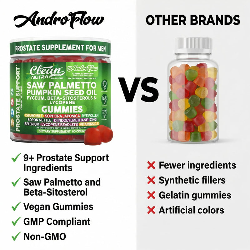 AndroFlow Saw Palmetto and Pumpkin Seed Oil Prostate Health Supplements for Men Pygeum Beta Sitosterol Lycopene Boron Zinc Selenium DIM Stinging Nettle Vitamin D, 60 Gummy Supplements By Clean Nutra