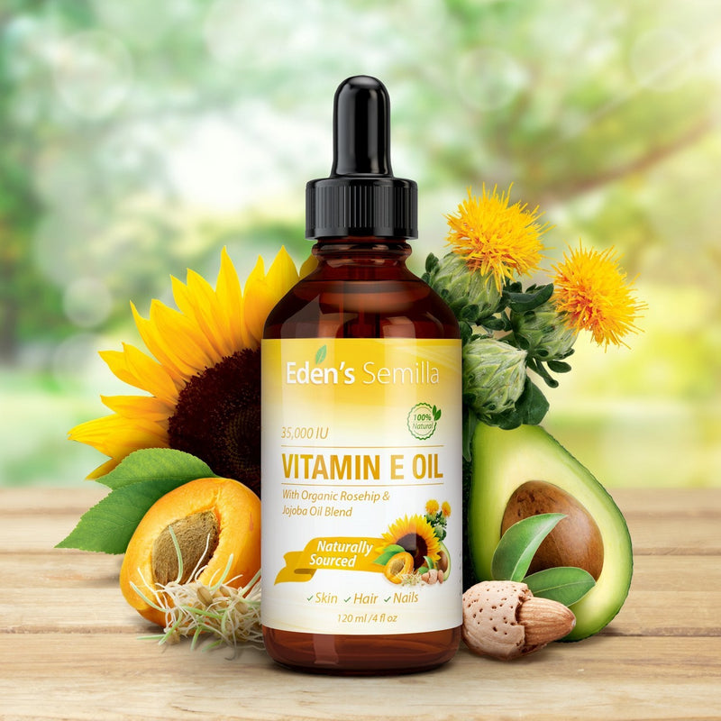 Eden's Semilla 100% Plant Extract Vitamin E Oil 35,000 IU + Organic Rosehip & Jojoba Blend - Fast Absorbing Skin Protection for Face & Body. Pure Ingredients - Ideal for Sensitive Skin - Use Daily 4 Fl Oz (Pack of 1)