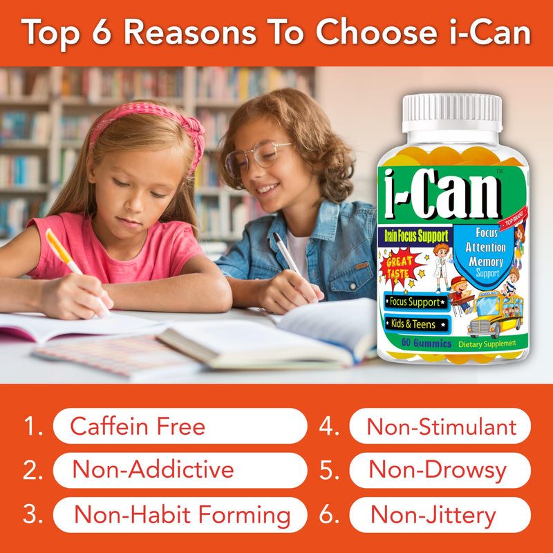 I-Can Kids Focus Gummies with Omega 3 DHA, Children’s Brain Support Vitamins, Memory Gummies for Teens, Focus Gummies for Kids, Youth Daily Supplement, Non-Fishy Taste, Low Sugar, 60 Count