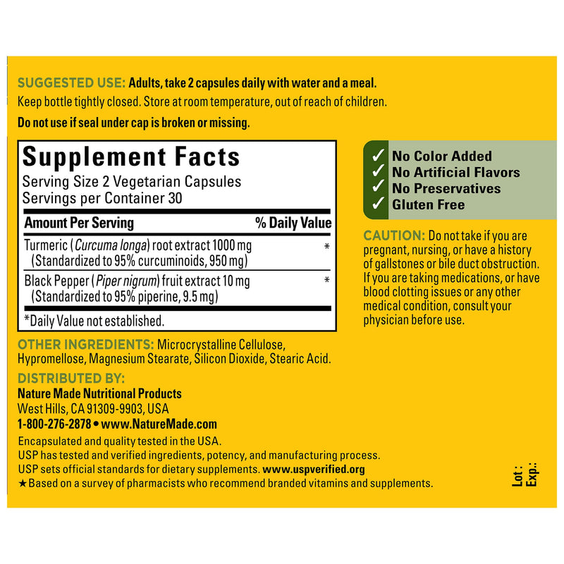 Nature Made Extra Strength Turmeric Curcumin with Black Pepper, 1000mg extract (950mg Curcuminoids) per serving, Supports Healthy Inflammation Response, 60 Vegetarian Capsules, 30 Day Supply - BeesActive Australia