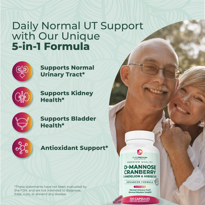 PurePremium D-Mannose with Cranberry, Hibiscus & Dandelion - 1000mg D-Mannose Supplements for Women Supports Urinary Tract Health & Bladder Health - Made in USA, Vegan, 120 Capsules, 2 Month Supply - BeesActive Australia