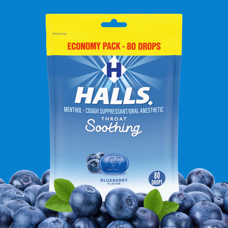 Halls Throat Soothing Blueberry Cough Drops, Economy Pack, 80 Drops