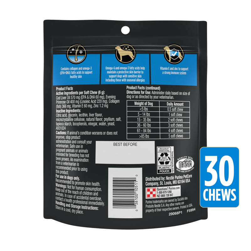 Purina Pro Plan Veterinary Skin Care Soft Chew Dog Supplements with Omega-3 Fish Oil, EPA, DHA to Support Seasonal Allergies & Strong Immune System - (Pack of 1) 30 ct. Pouches 30 Chews (1 Pack)