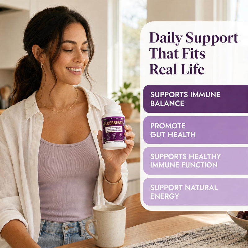 Elderberry Capsules with Vitamin C & Zinc, 1200mg Black Elderberry Extract | Vegan, Non-GMO, 60 Capsules, Supplement for Daily Wellness, Antioxidant & Digestive Support