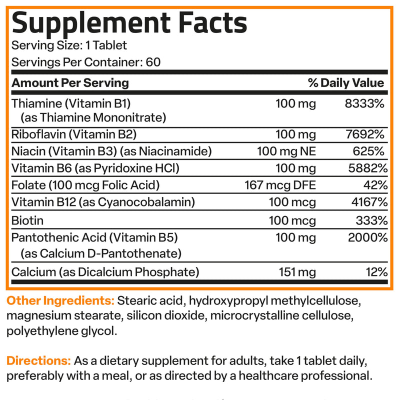 Bronson Super B100 Vitamin B Complex Sustained Release, 60 Tablets | B1, B2, B3, B6, Folic Acid, B12, Biotin & Pantothenic Acid, Energy & Nerve Support, Non-GMO, Gluten-Free & Soy-Free Unflavored 60 Count (Pack of 1)