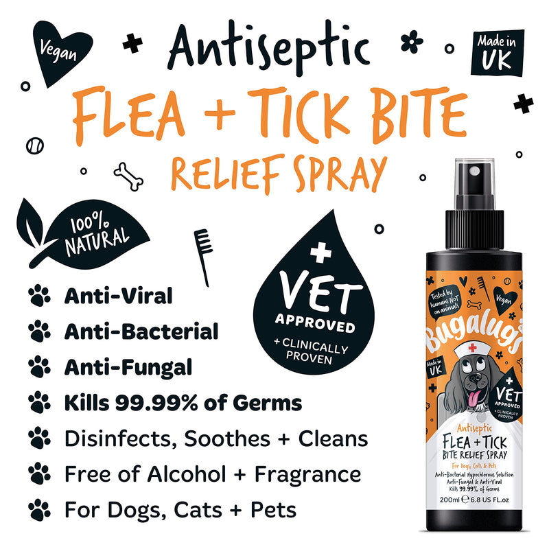 BUGALUGS Insect Bite Relief Antiseptic spray for dogs 200ml, puppy, cats & pets - Dog grooming Antibacterial, Antifungal for dog itchy skin relief - use alongside our flea shampoo for dogs