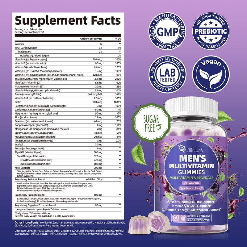 Multivitamin for Men, Mens Multivitamins Gummies w/Omega-3, Probiotics, Inositol, Folate, Biotin, Zinc, Vitamins A, C, D, E, B, - Support Heart, Brain, Muscle, Energy, Sugar-Free, Blackberry Flavor 60 Count (Pack of 1)
