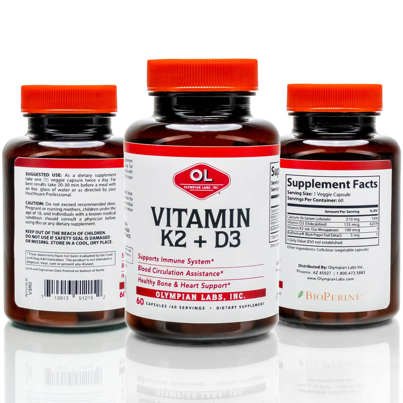 Olympian Labs Vitamin K2 + D3, 60 Servings, Supports Immune System, Bone and Heart Support, 60 Vegan Capsules (Pack of 2) 60 Count (Pack of 2)