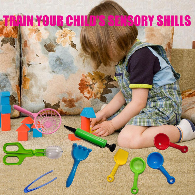 12 Pcs Sensory Bin Filler,Sensory Bin Tools, Fine Motor Skills Handy Scooper Set with 5 Scoops, Plastic Tweezers, Silicone Tongs, Beach Shovels, Air Pump, Scissors Clip - BeesActive Australia