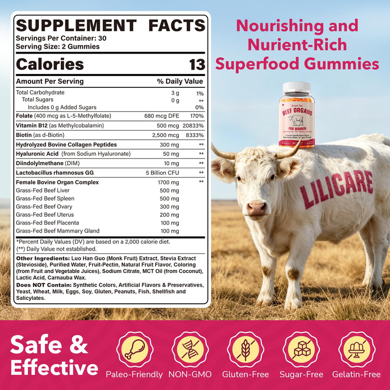 Beef Organ Supplement for Women Gummies, Ancestral Superfood Supplement, Grass-Fed Bovine Liver, Spleen, Ovary, Uterus, Placenta, Mammary Gland, Biotin for Beauty, Energy, Hormone, Sugar Free, 120 Cts 60 Count (Pack of 2)