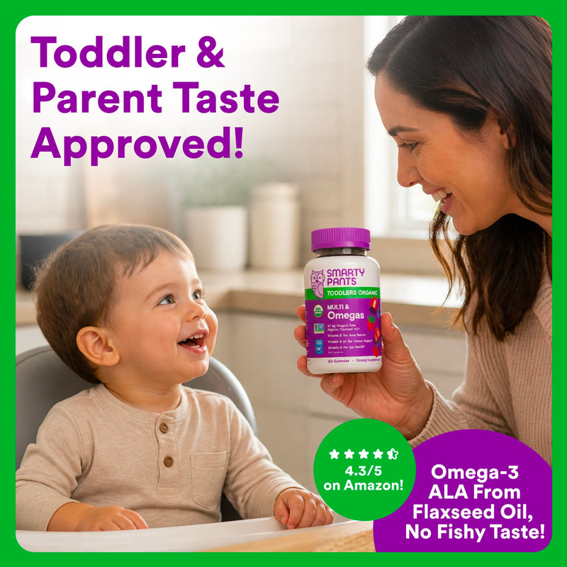 SmartyPants Toddler Organic Multi & Omegas Multivitamin Gummies with Omega 3 ALA, Vitamins D3, C, B12, B6, A, K, Zinc, Biotin, Clean Label, Mixed Berry and Cherry Flavors, 60 Gummies (30 Day Supply) 60 Count (Pack of 1) Organic + Omega