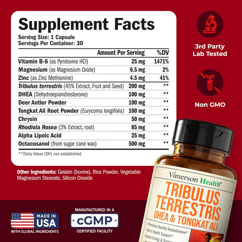 Testosterone Supplement & Tribulus Terrestris For Men with DHEA 100mg, Magnesium, Zinc, Tongkat Ali & Rhodiola Rosea – Muscle Builder, Libido Support & B6 Vitamins for Men – 1 Capsule a Day, 30 Count