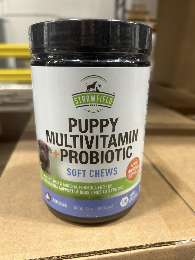 Strawfield Pets Puppy Multivitamin + Probiotics for Dogs Puppy Vitamins with Joint Support Supplement for Dogs & Puppies Peanut Butter Flavor 120 Crumbly Soft Chews Mild Peanut Butter