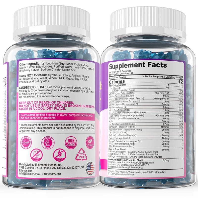 Prenatal Vitamins for Women Gummies + Methylfolate, DHA & Iron, Vegan,120Ct | w/ Omega-3, Organic Food Blend, Choline, Vitamin D3 B6 B12 - Multivitamin for Women Before, During & Post Pregnancy, 0g Sugar 60 Count (Pack of 2)