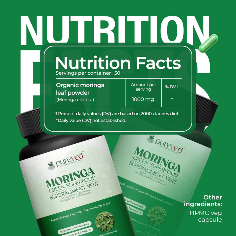 Moringa Capsules | 100 Count | Vegan Moringa Leaf | Herbal Supplement | Plant Based Superfood Capsules with Natural Vitamins & Minerals | Daily Nutrition & Energy Support for Men & Women
