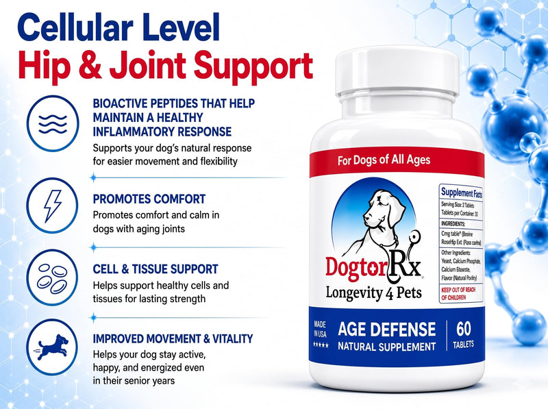 DogtorRx Age Defense, Senior Dog Joint & Mobility Support Supplement, Healthy Joints & Ligaments, Dog Chewable Multivitamin & Supplement for All Breeds & Sizes, Made in USA (60 Tablets)
